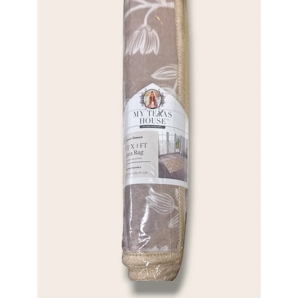 My Texas House Taupe Flower Damask Washable Indoor Area‎ Rug 2x3